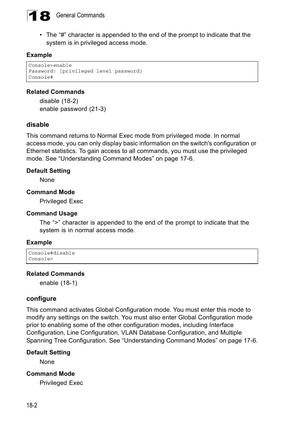 Disable, Configure, Disable 18-2 configure 18-2 | Edge Products ES3528-WDM User Manual | Page 274 / 556