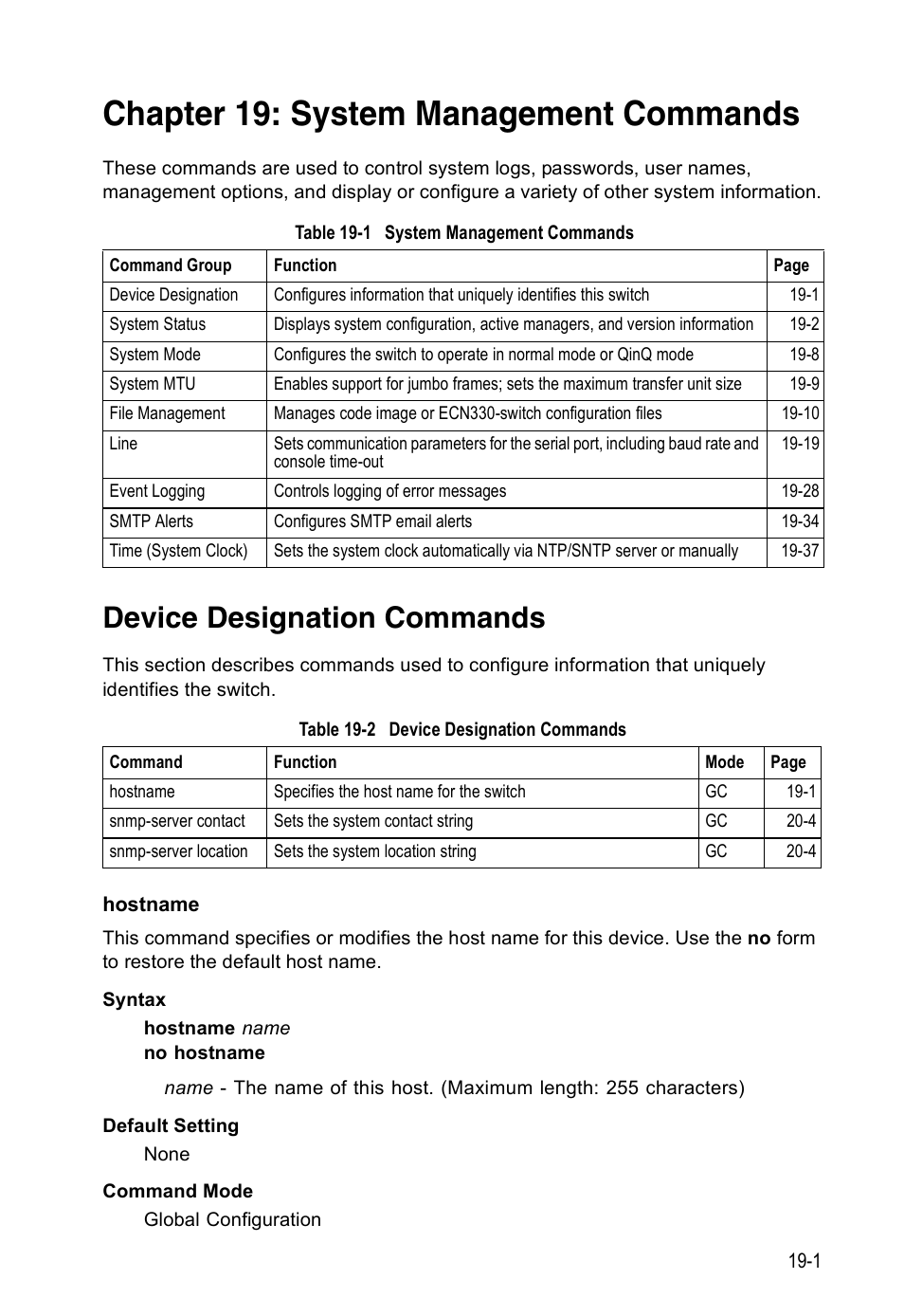 Chapter 19: system management commands, Device designation commands, Hostname | Hostname 19-1, Table 19-1, System management commands, Table 19-2 | Edge Products ES3528-WDM User Manual | Page 279 / 556