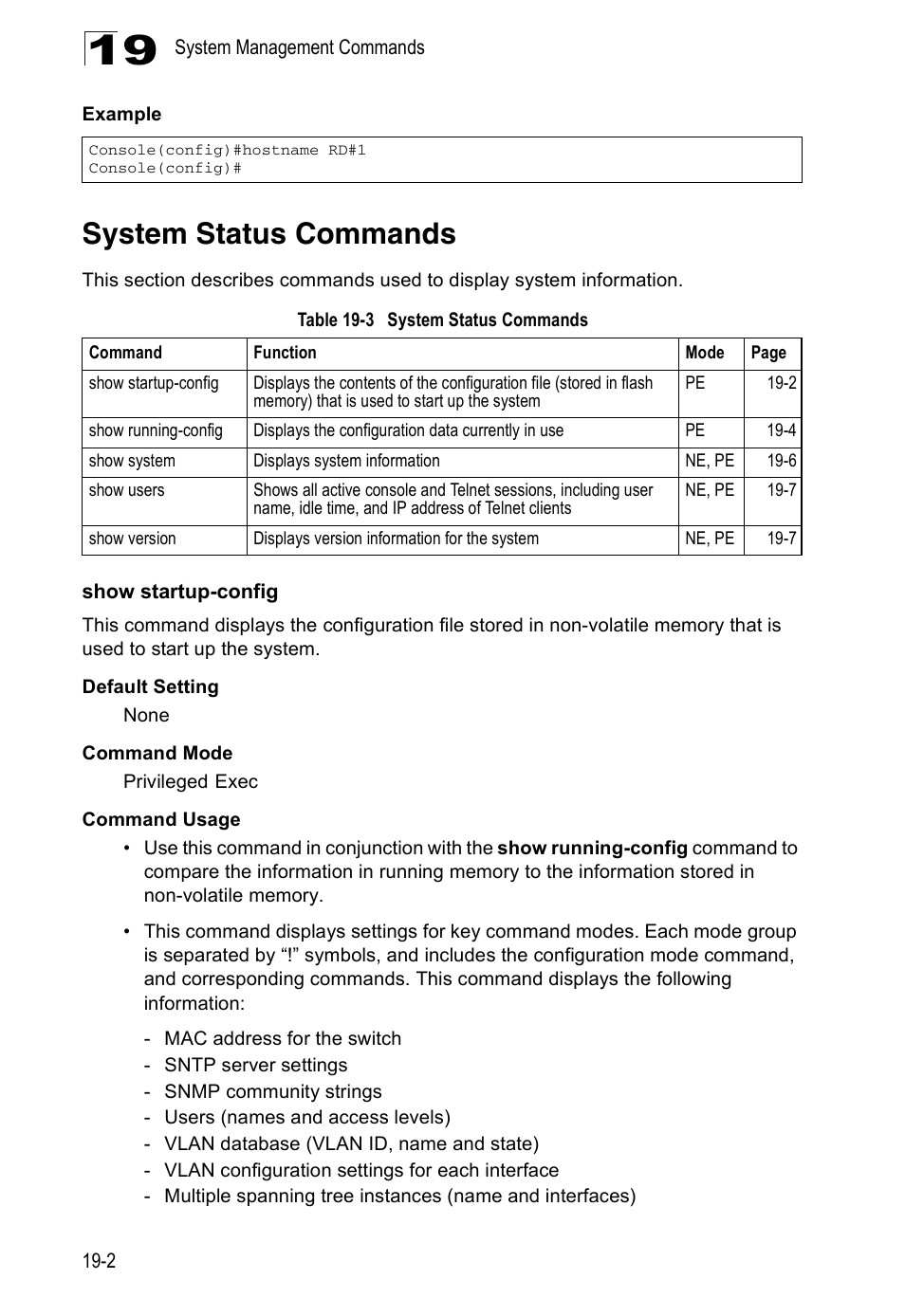 System status commands, Show startup-config, Table 19-3 | Edge Products ES3528-WDM User Manual | Page 280 / 556