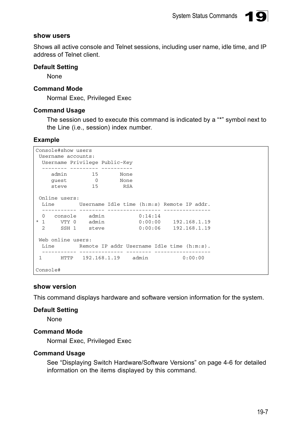 Show users, Show version | Edge Products ES3528-WDM User Manual | Page 285 / 556