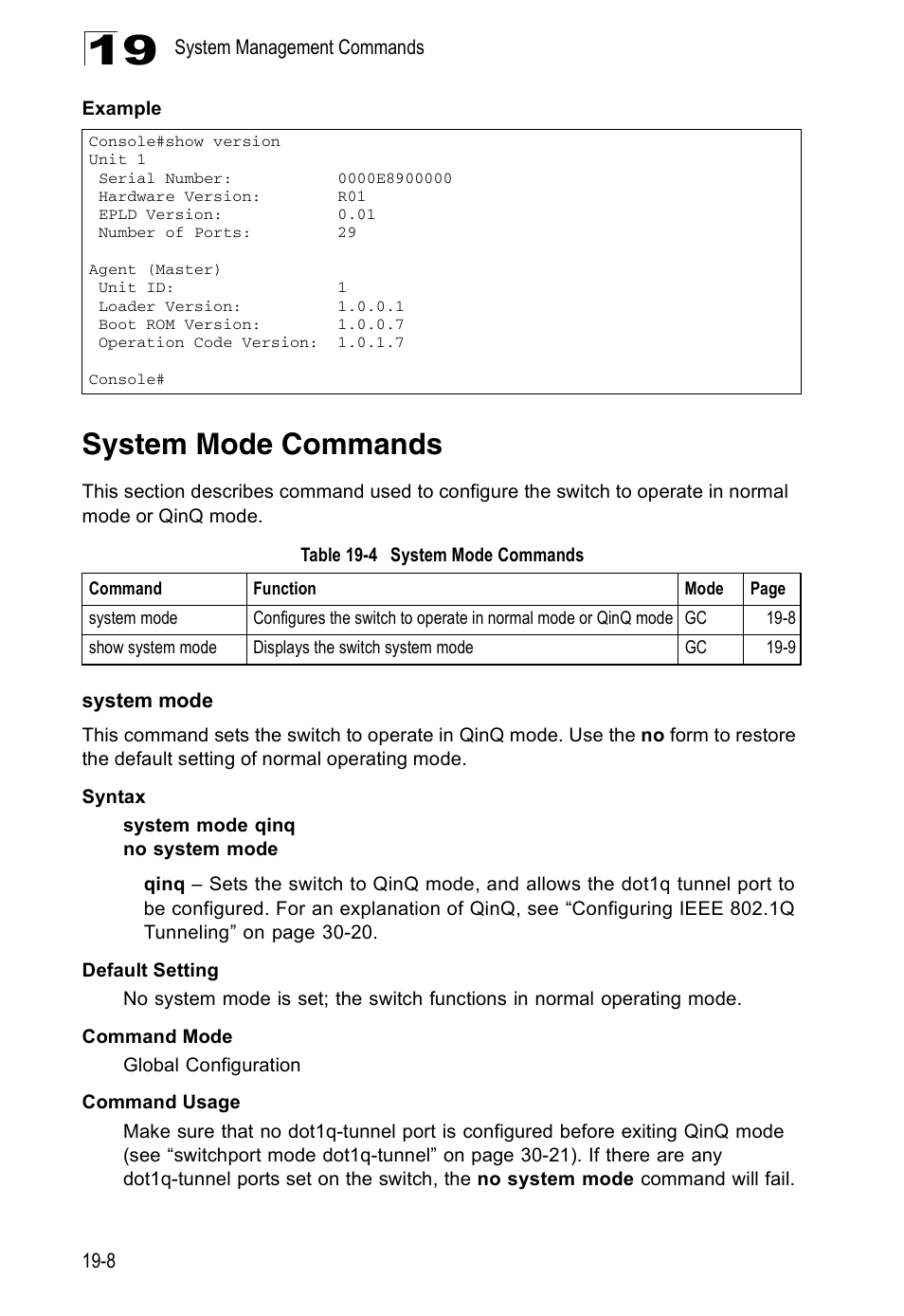 System mode commands, System mode, Table 19-4 | Edge Products ES3528-WDM User Manual | Page 286 / 556