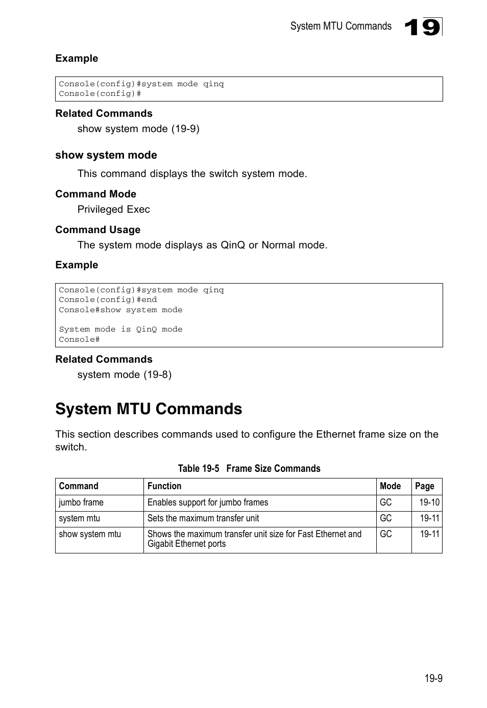 Show system mode, System mtu commands, Table 19-5 | Frame size commands | Edge Products ES3528-WDM User Manual | Page 287 / 556