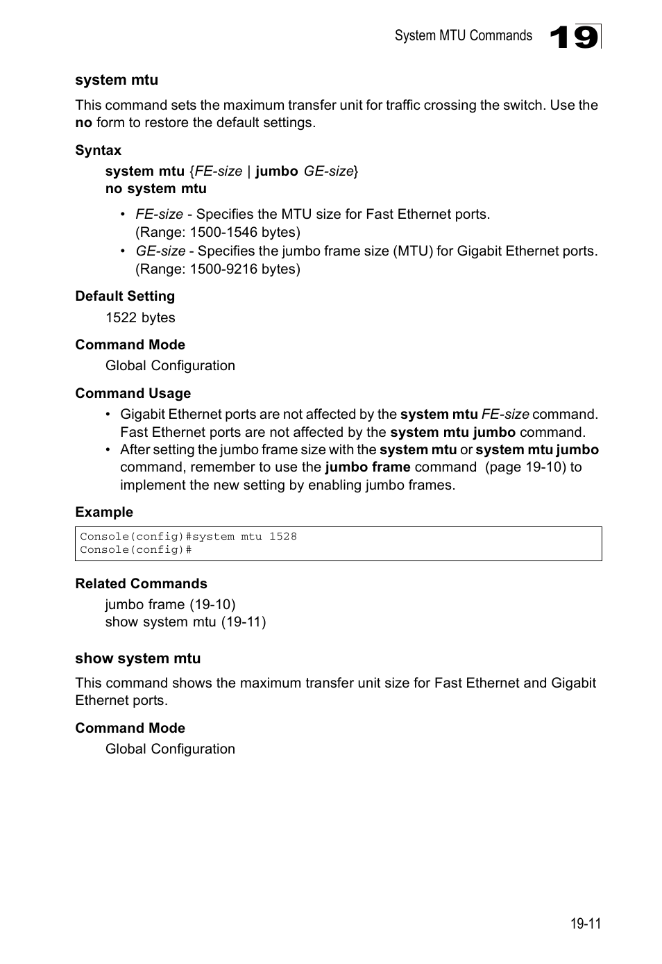 System mtu, Show system mtu, Show system mtu (19-11) | Edge Products ES3528-WDM User Manual | Page 289 / 556