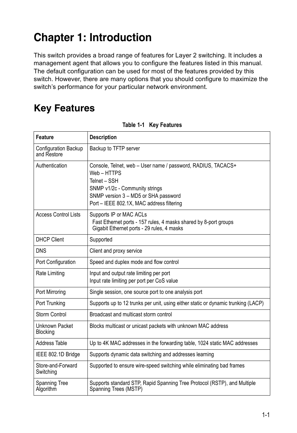 Chapter 1: introduction, Key features, Table 1-1 | Introduction | Edge Products ES3528-WDM User Manual | Page 29 / 556