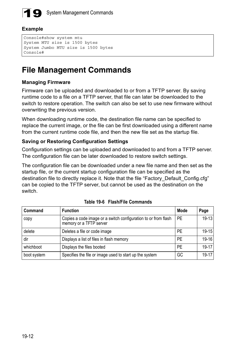 File management commands, Table 19-6, Flash/file commands | Edge Products ES3528-WDM User Manual | Page 290 / 556