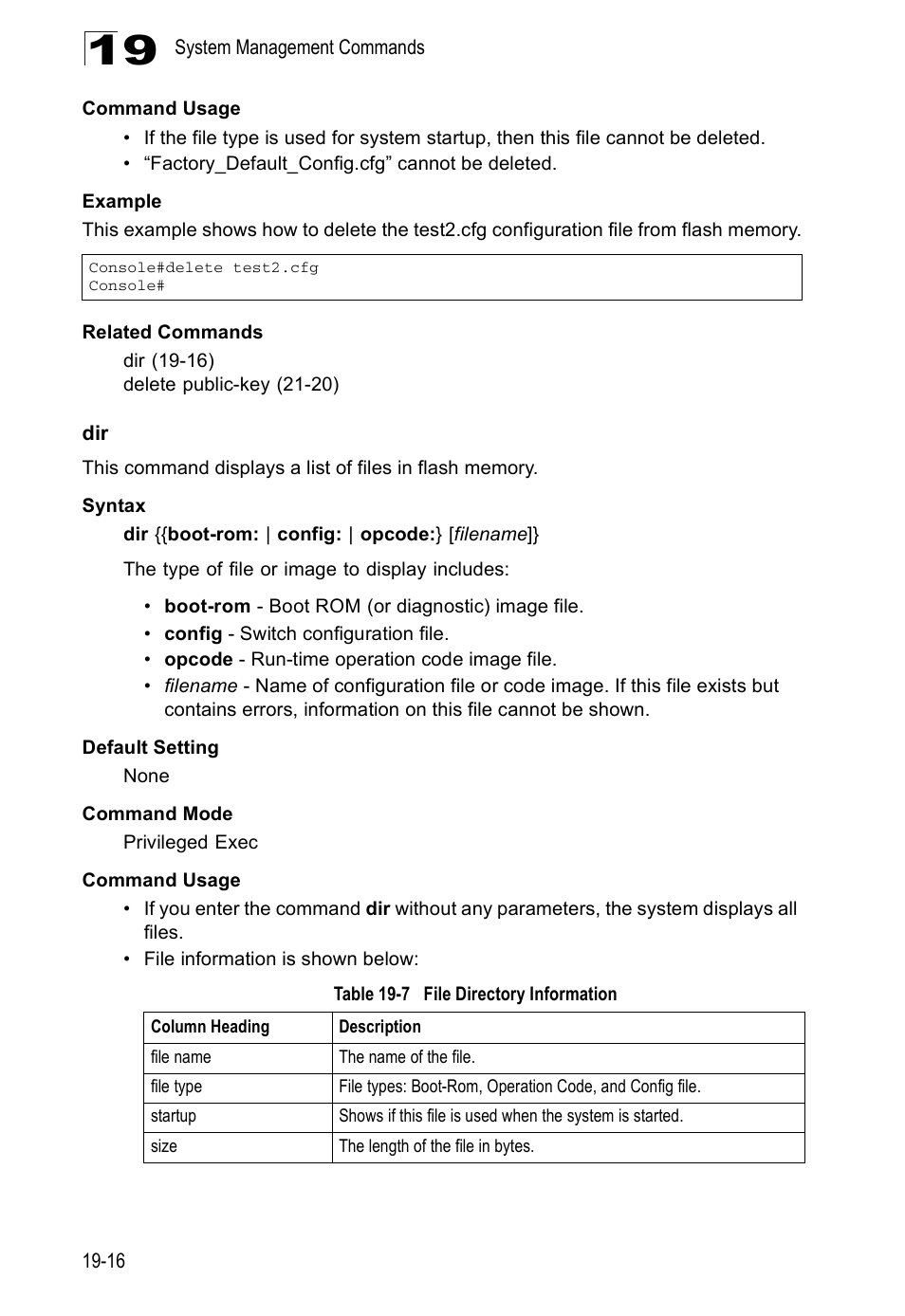 Dir 19-16, Table 19-7, File directory information | Edge Products ES3528-WDM User Manual | Page 294 / 556
