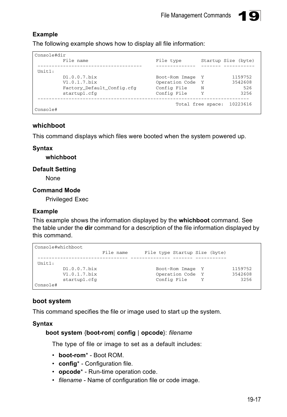 Whichboot, Boot system, Whichboot 19-17 boot system | Edge Products ES3528-WDM User Manual | Page 295 / 556