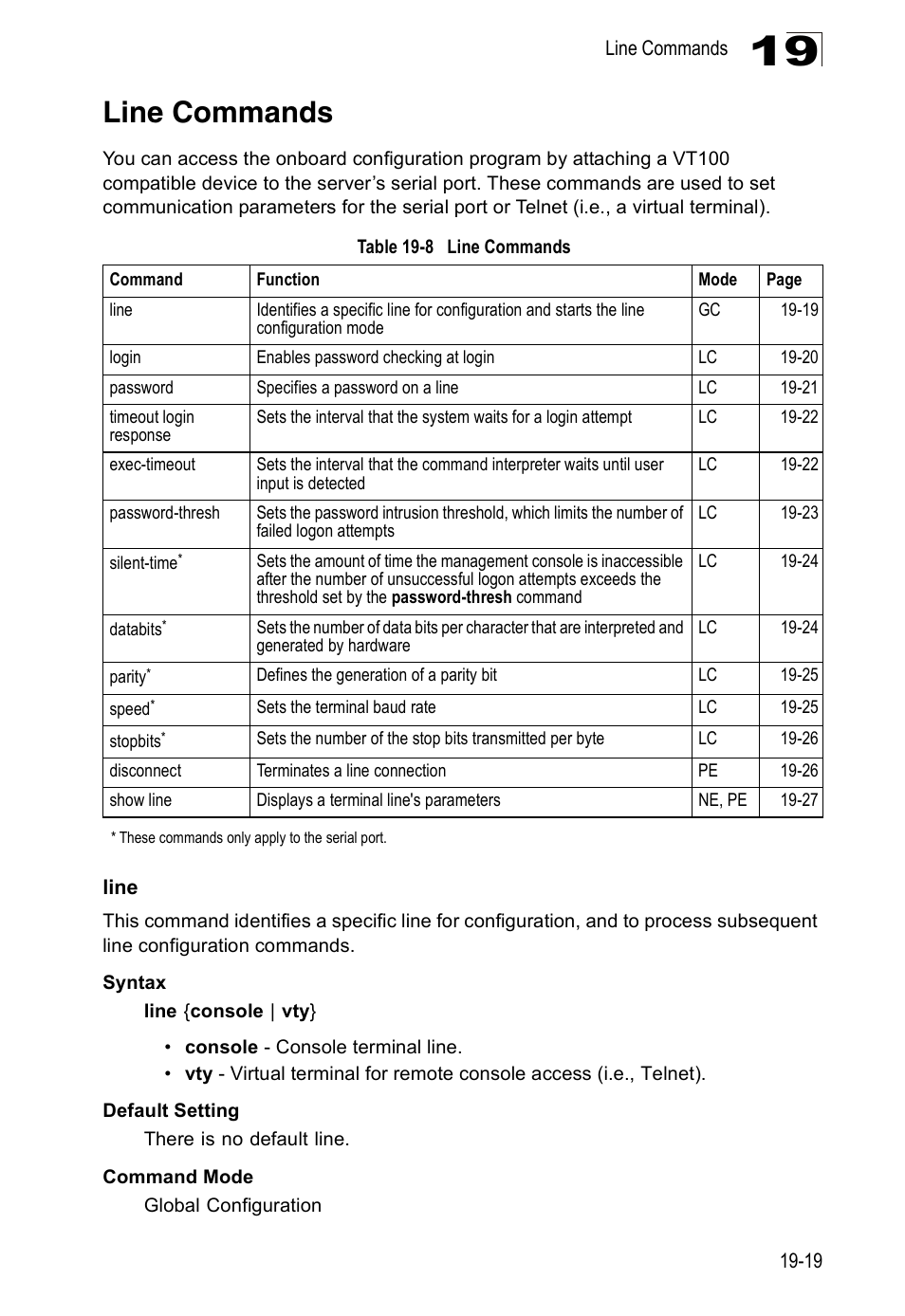 Line commands, Line, Line 19-19 | Table 19-8 | Edge Products ES3528-WDM User Manual | Page 297 / 556