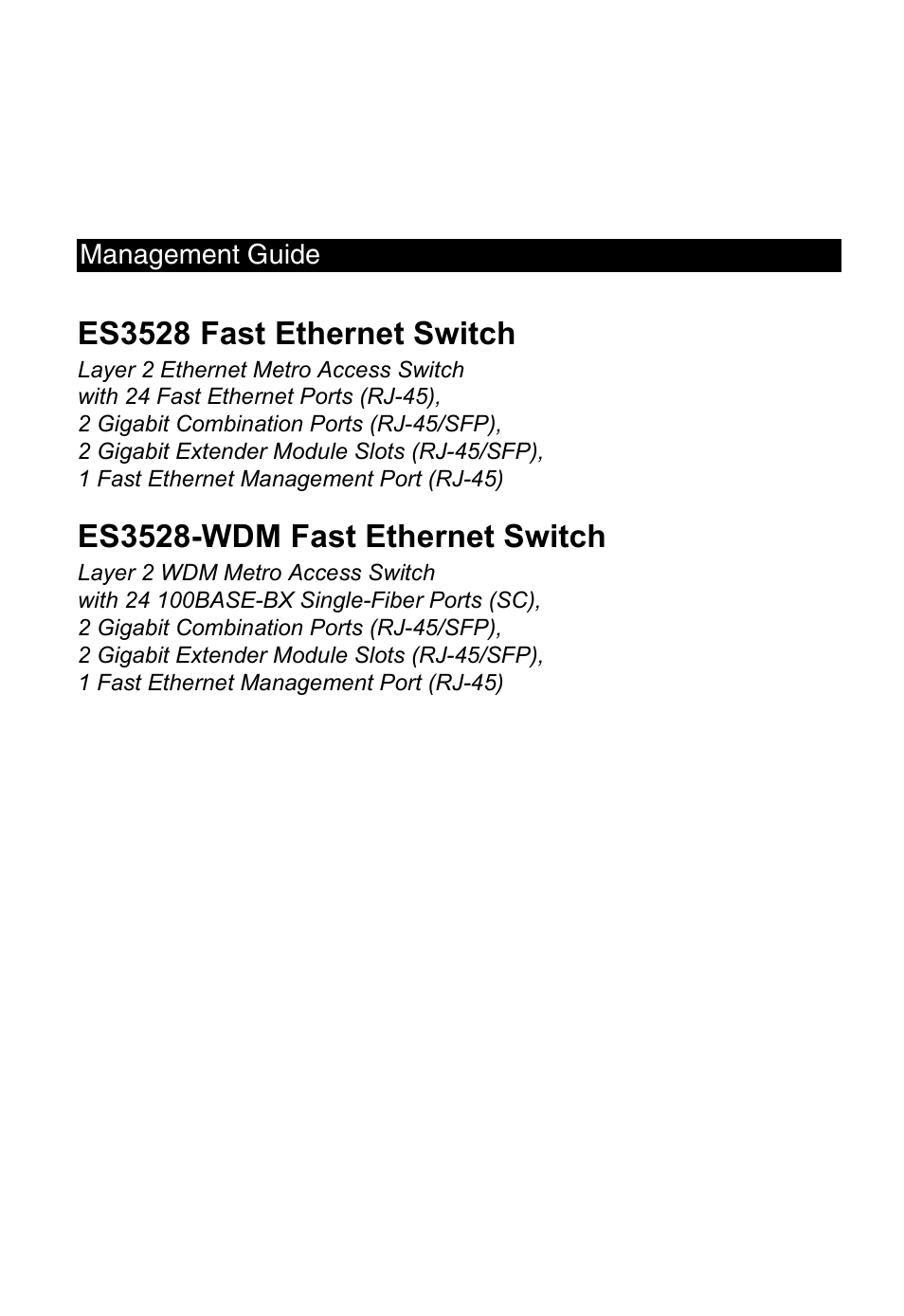 Es3528 fast ethernet switch, Es3528-wdm fast ethernet switch | Edge Products ES3528-WDM User Manual | Page 3 / 556