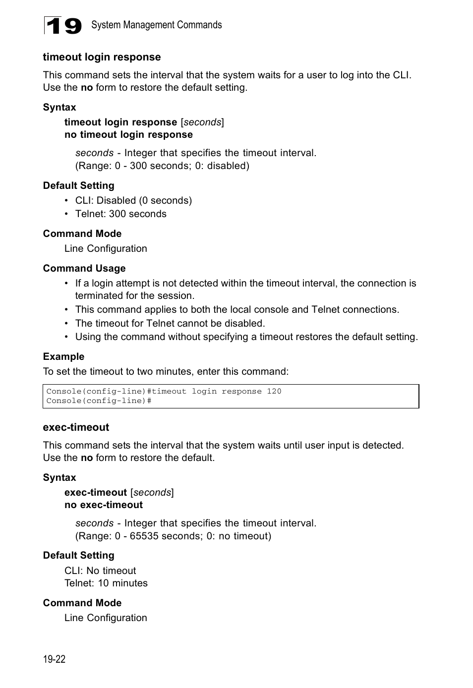 Timeout login response, Exec-timeout, Exec-timeout 19-22 | Edge Products ES3528-WDM User Manual | Page 300 / 556