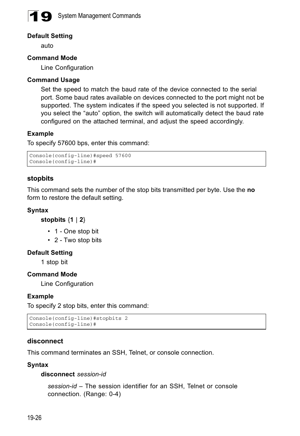 Stopbits, Disconnect, Stopbits 19-26 disconnect 19-26 | Edge Products ES3528-WDM User Manual | Page 304 / 556