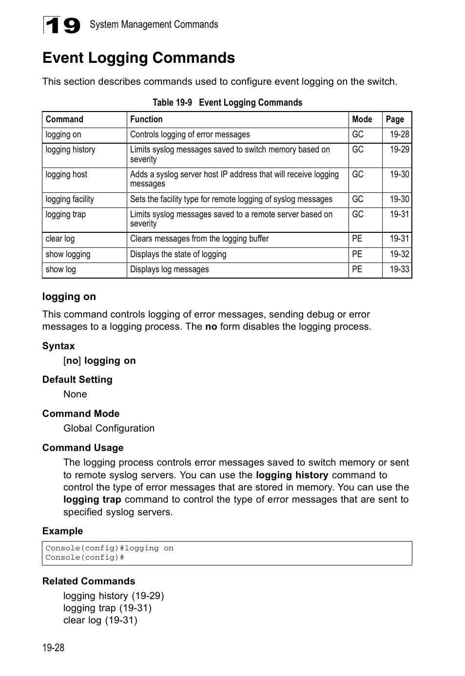 Event logging commands, Logging on, Table 19-9 | Edge Products ES3528-WDM User Manual | Page 306 / 556