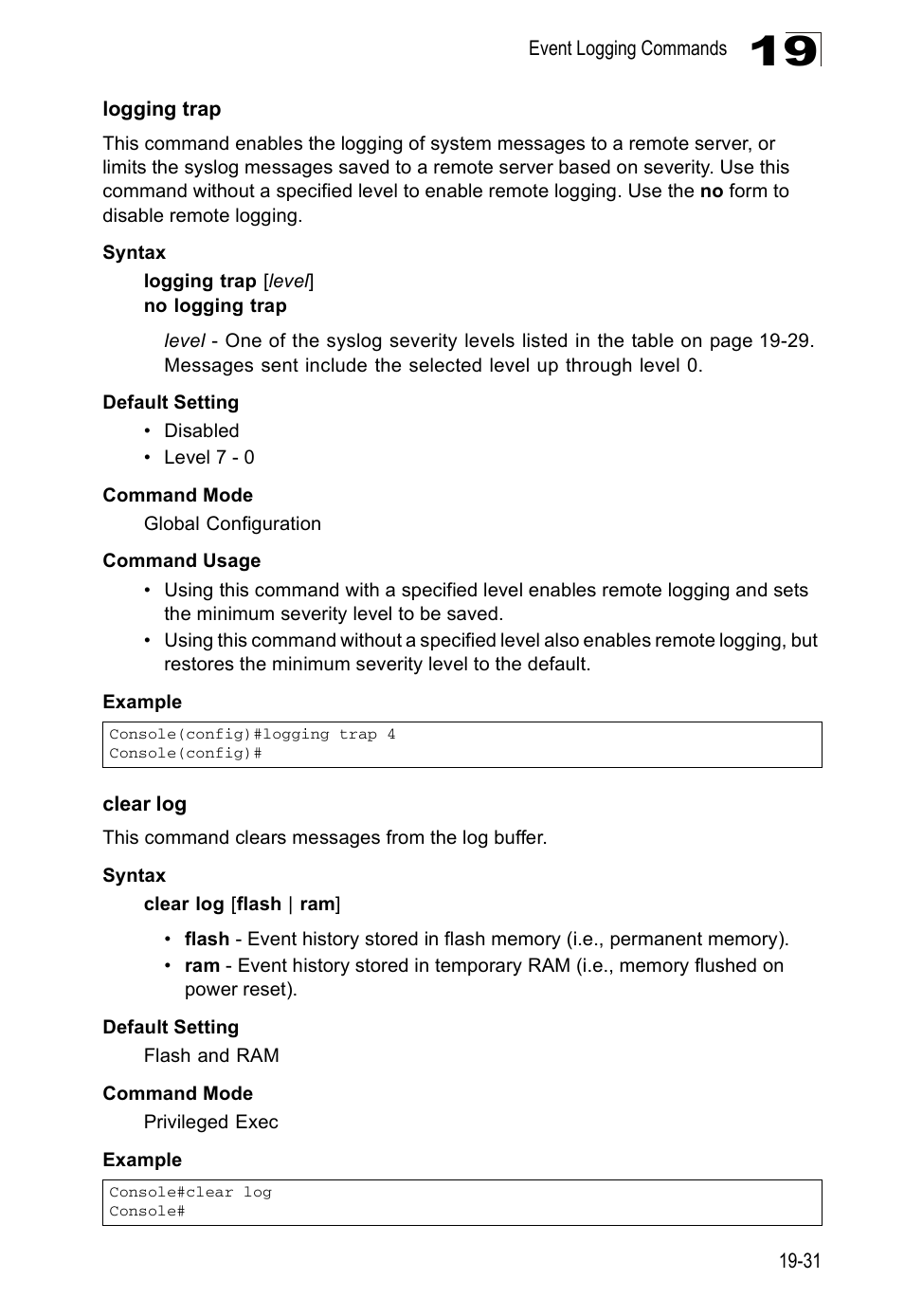 Logging trap, Clear log, Logging trap (19-31) clear log (19-31) | Edge Products ES3528-WDM User Manual | Page 309 / 556