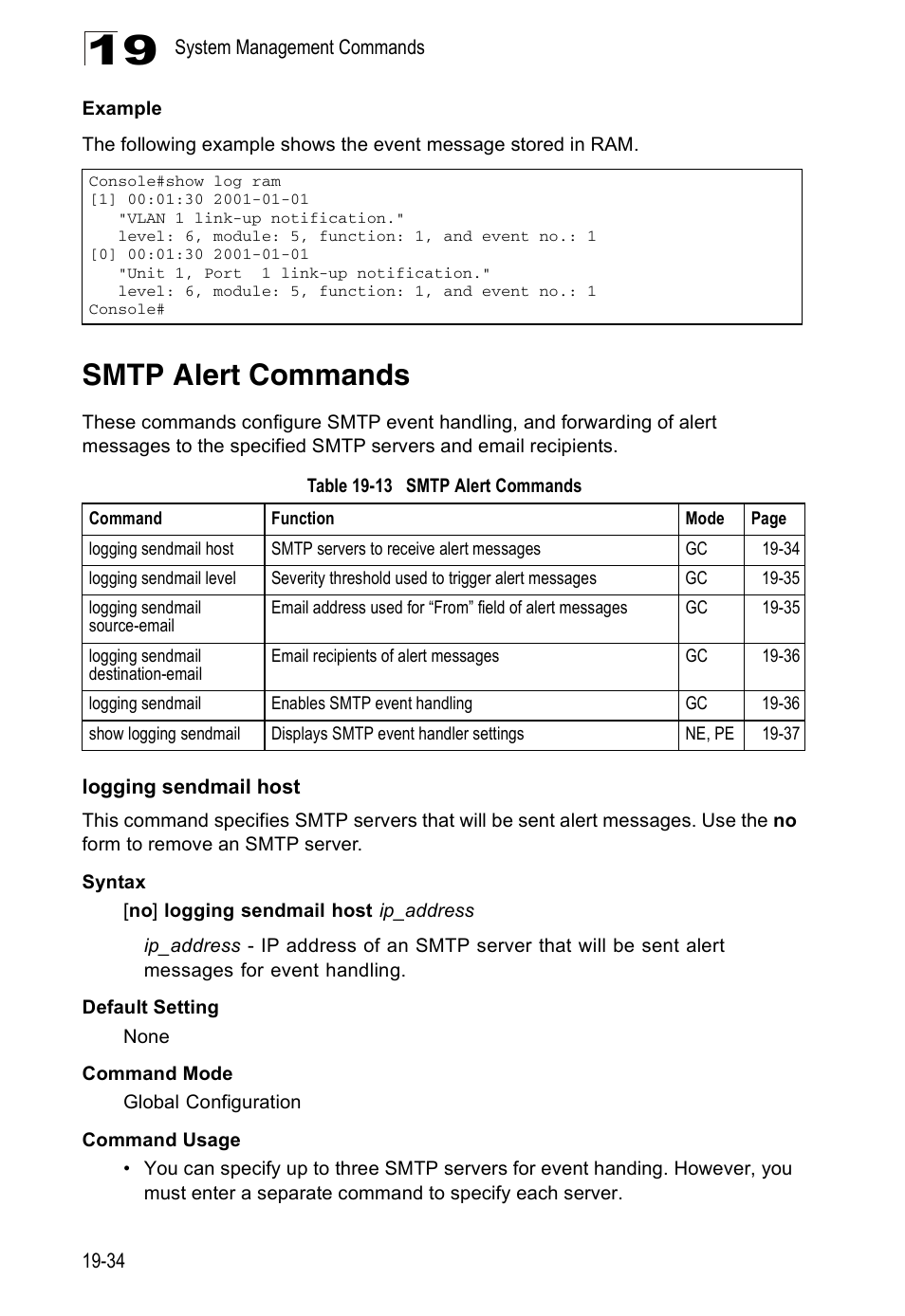 Smtp alert commands, Logging sendmail host, Table 19-13 | Edge Products ES3528-WDM User Manual | Page 312 / 556