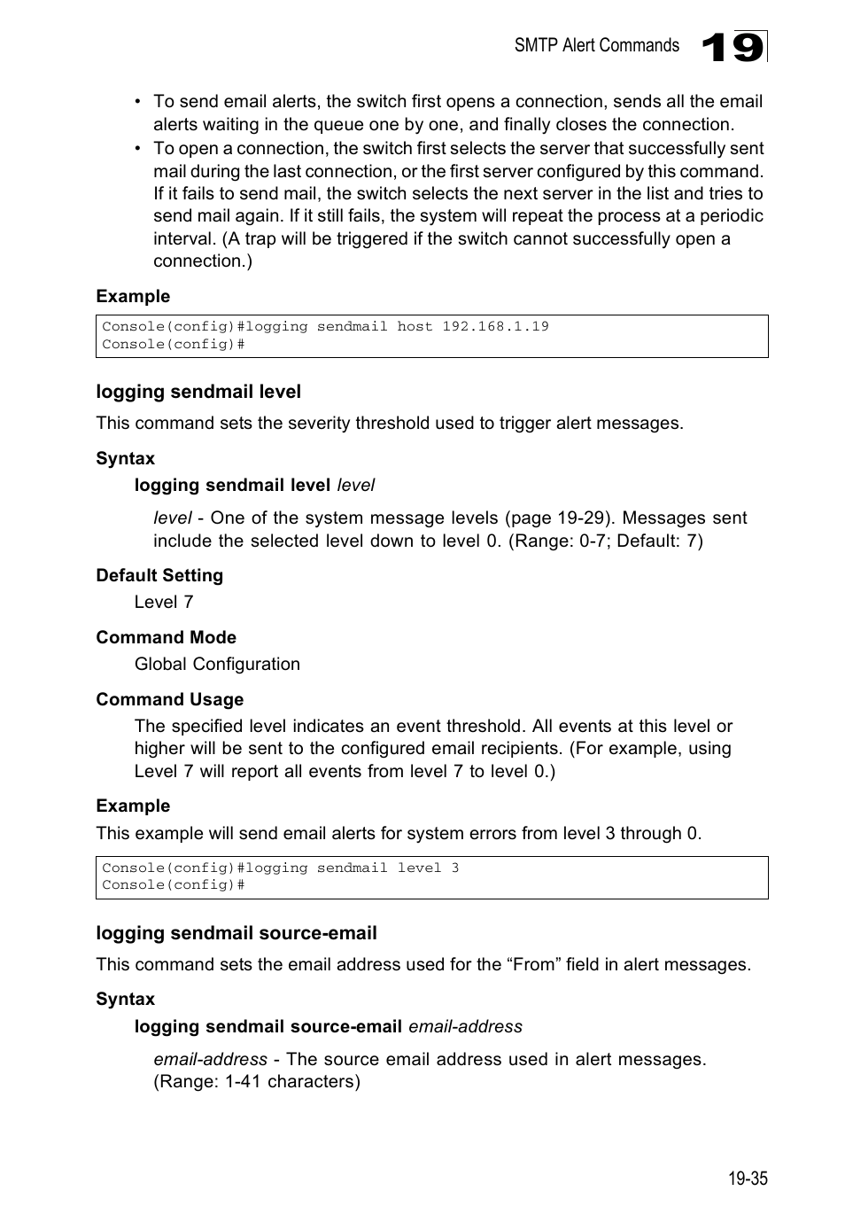 Logging sendmail level, Logging sendmail source-email | Edge Products ES3528-WDM User Manual | Page 313 / 556