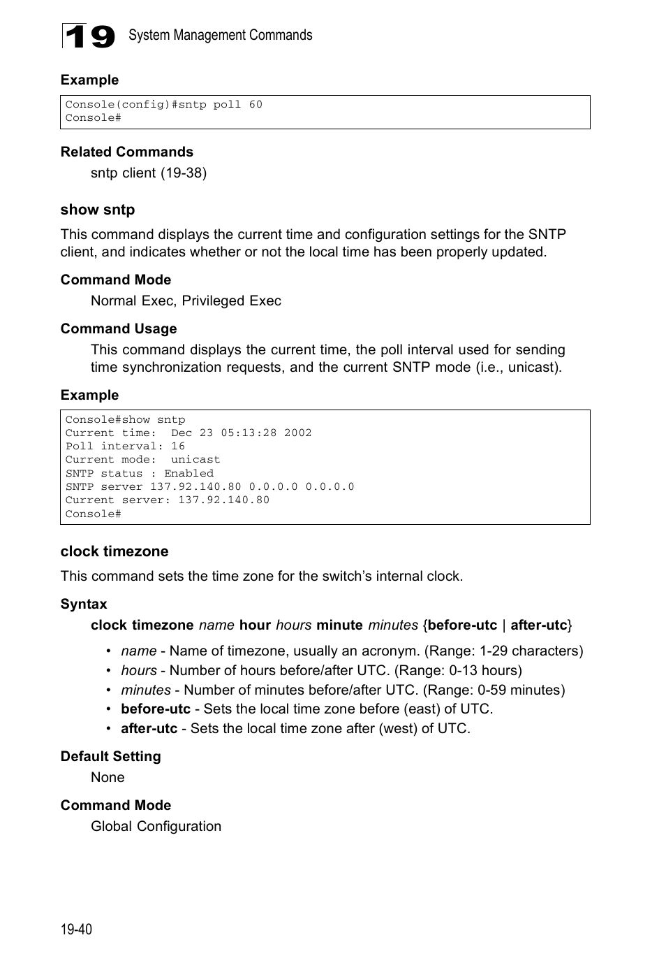Show sntp, Clock timezone | Edge Products ES3528-WDM User Manual | Page 318 / 556