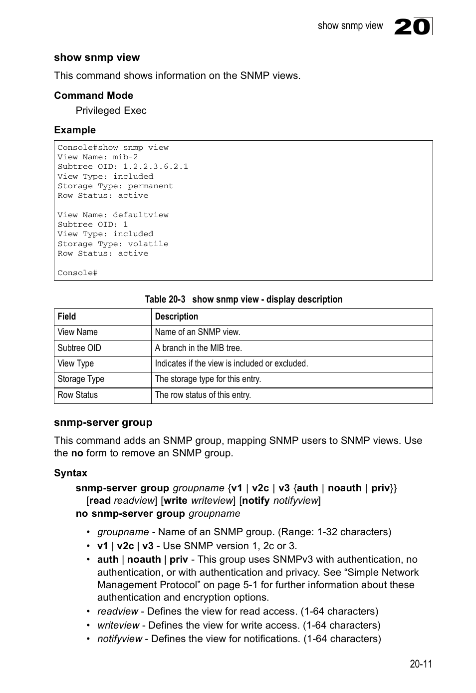 Show snmp view, Snmp-server group, Table 20-3 | Show snmp view - display description | Edge Products ES3528-WDM User Manual | Page 331 / 556