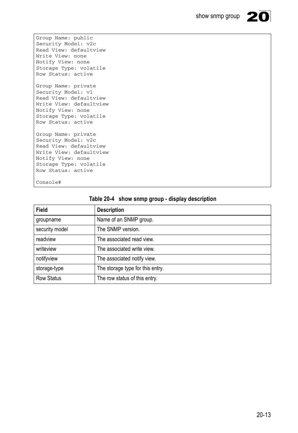 Table 20-4, Show snmp group - display description | Edge Products ES3528-WDM User Manual | Page 333 / 556