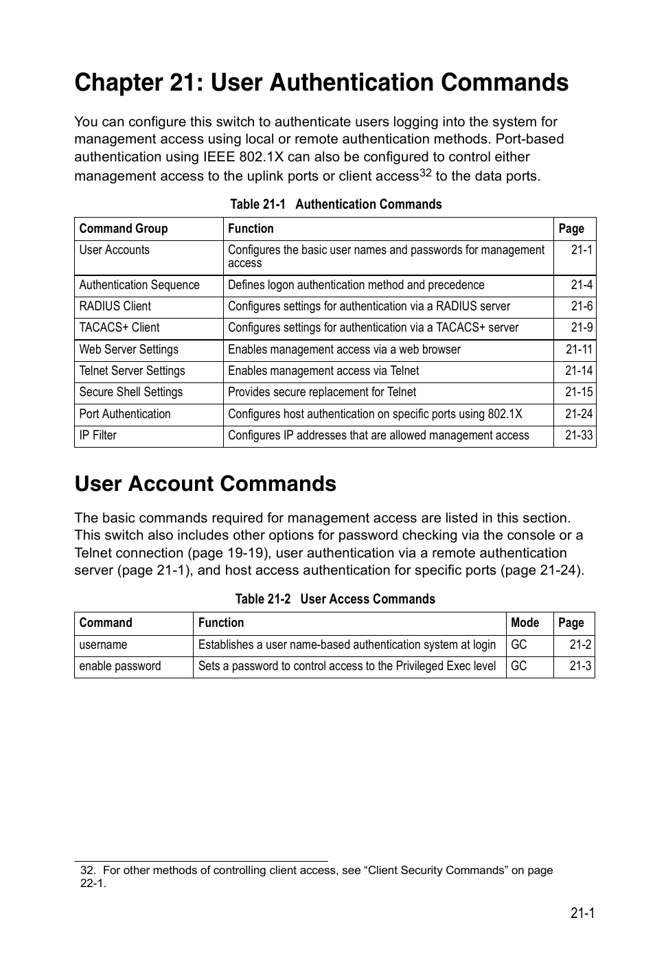 Chapter 21: user authentication commands, User account commands, Table 21-1 | Authentication commands, Table 21-2, User access commands, User authentication commands | Edge Products ES3528-WDM User Manual | Page 337 / 556
