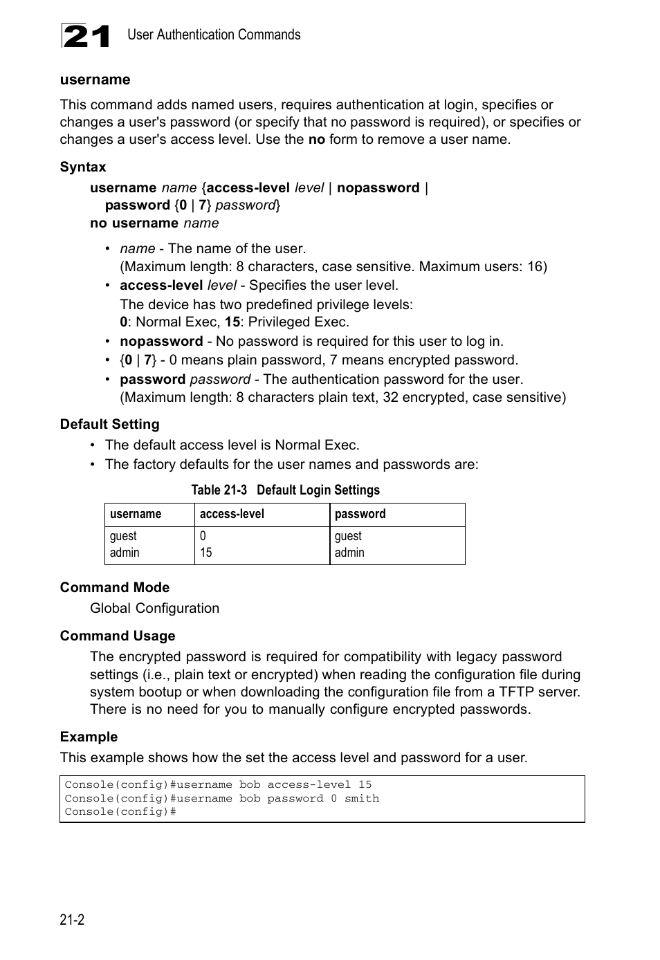 Username, Username 21-2, Table 21-3 | Default login settings, Username (21-2) | Edge Products ES3528-WDM User Manual | Page 338 / 556