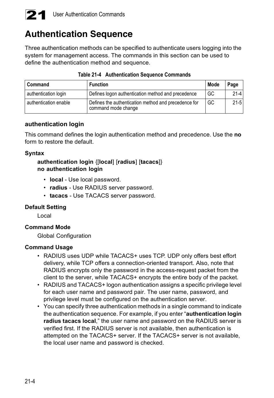 Authentication sequence, Authentication login, Table 21-4 | Authentication sequence commands | Edge Products ES3528-WDM User Manual | Page 340 / 556