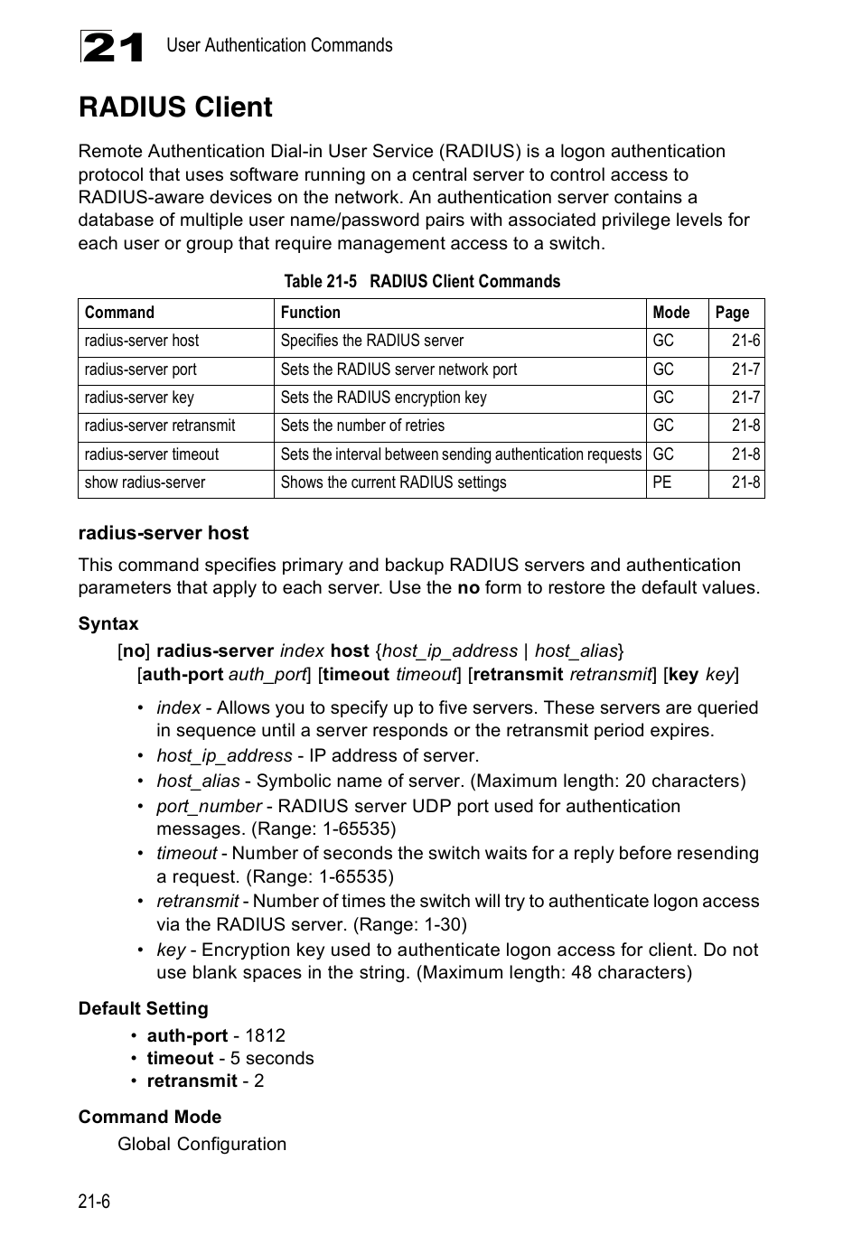 Radius client, Radius-server host, Table 21-5 | Radius client commands | Edge Products ES3528-WDM User Manual | Page 342 / 556