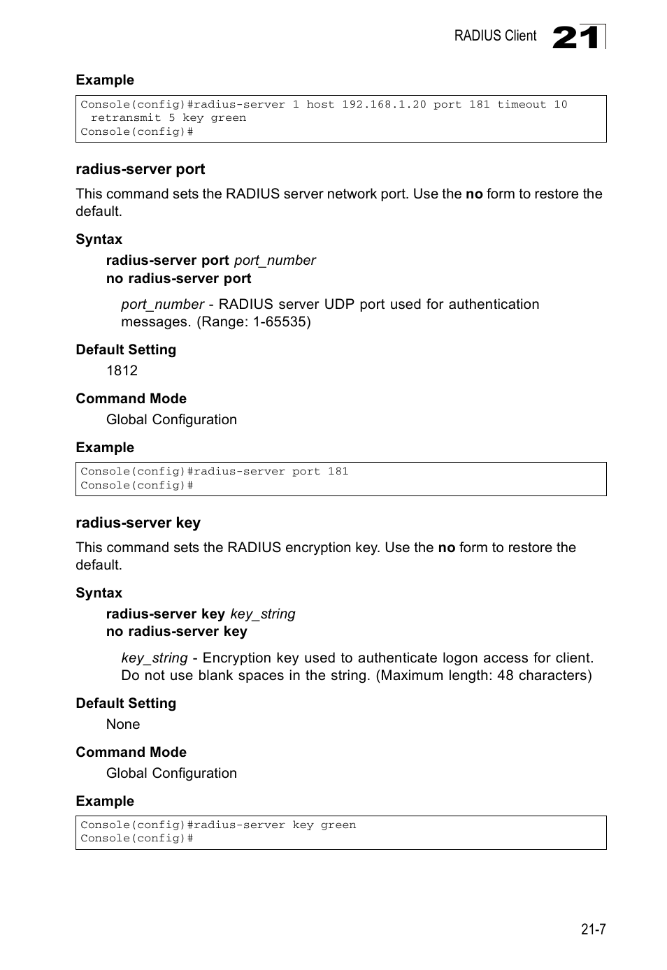 Radius-server port, Radius-server key | Edge Products ES3528-WDM User Manual | Page 343 / 556