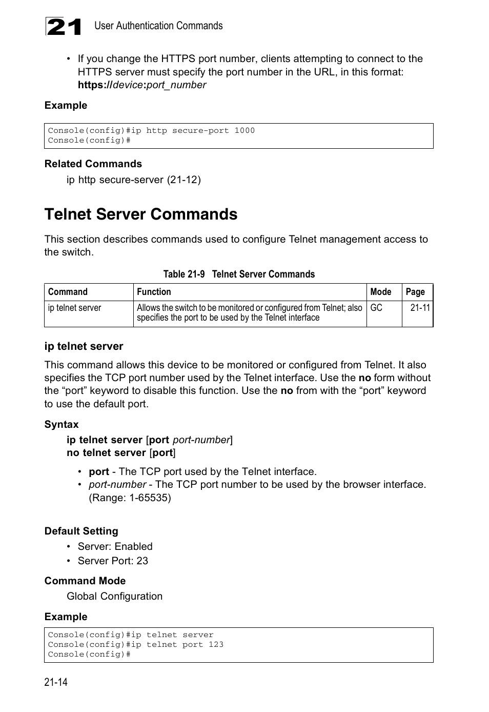 Telnet server commands, Ip telnet server, Table 21-9 | Edge Products ES3528-WDM User Manual | Page 350 / 556