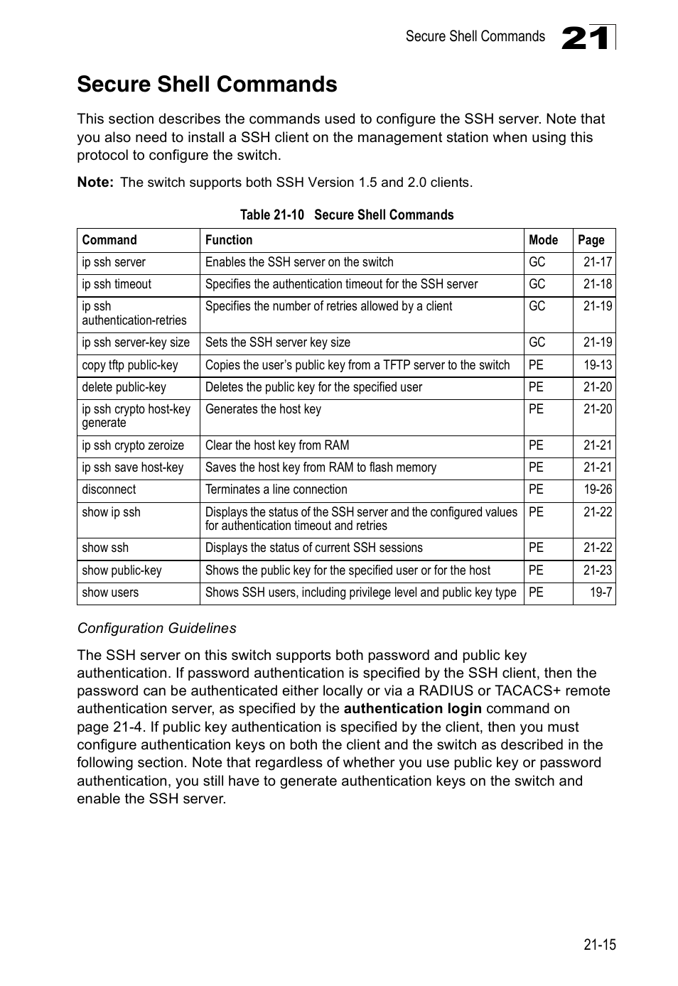 Secure shell commands, Table 21-10 | Edge Products ES3528-WDM User Manual | Page 351 / 556
