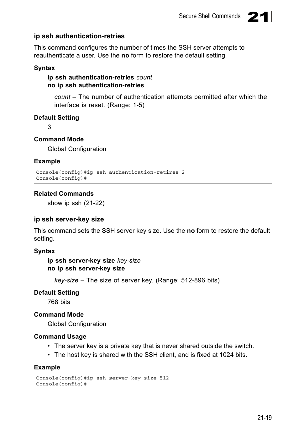 Ip ssh authentication-retries, Ip ssh server-key size | Edge Products ES3528-WDM User Manual | Page 355 / 556