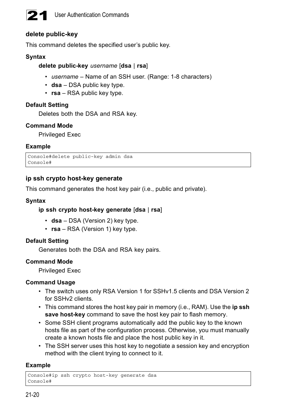 Delete public-key, Ip ssh crypto host-key generate, Ip ssh crypto host-key generate (21-20) | Edge Products ES3528-WDM User Manual | Page 356 / 556