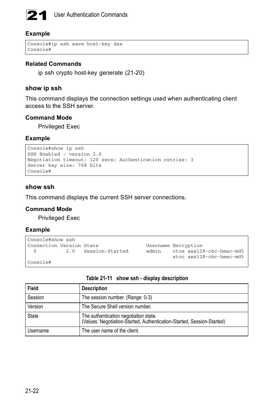 Show ip ssh, Show ssh, Table 21-11 | Show ssh - display description, Show ssh (21-22), Show ip ssh (21-22) | Edge Products ES3528-WDM User Manual | Page 358 / 556