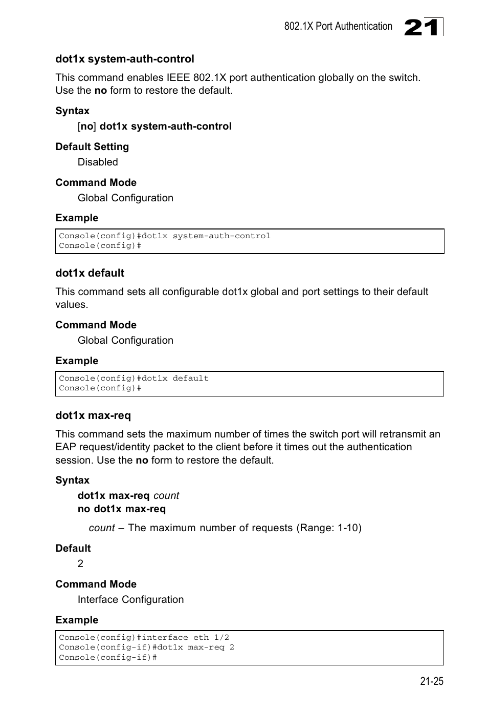 Dot1x system-auth-control, Dot1x default, Dot1x max-req | Edge Products ES3528-WDM User Manual | Page 361 / 556