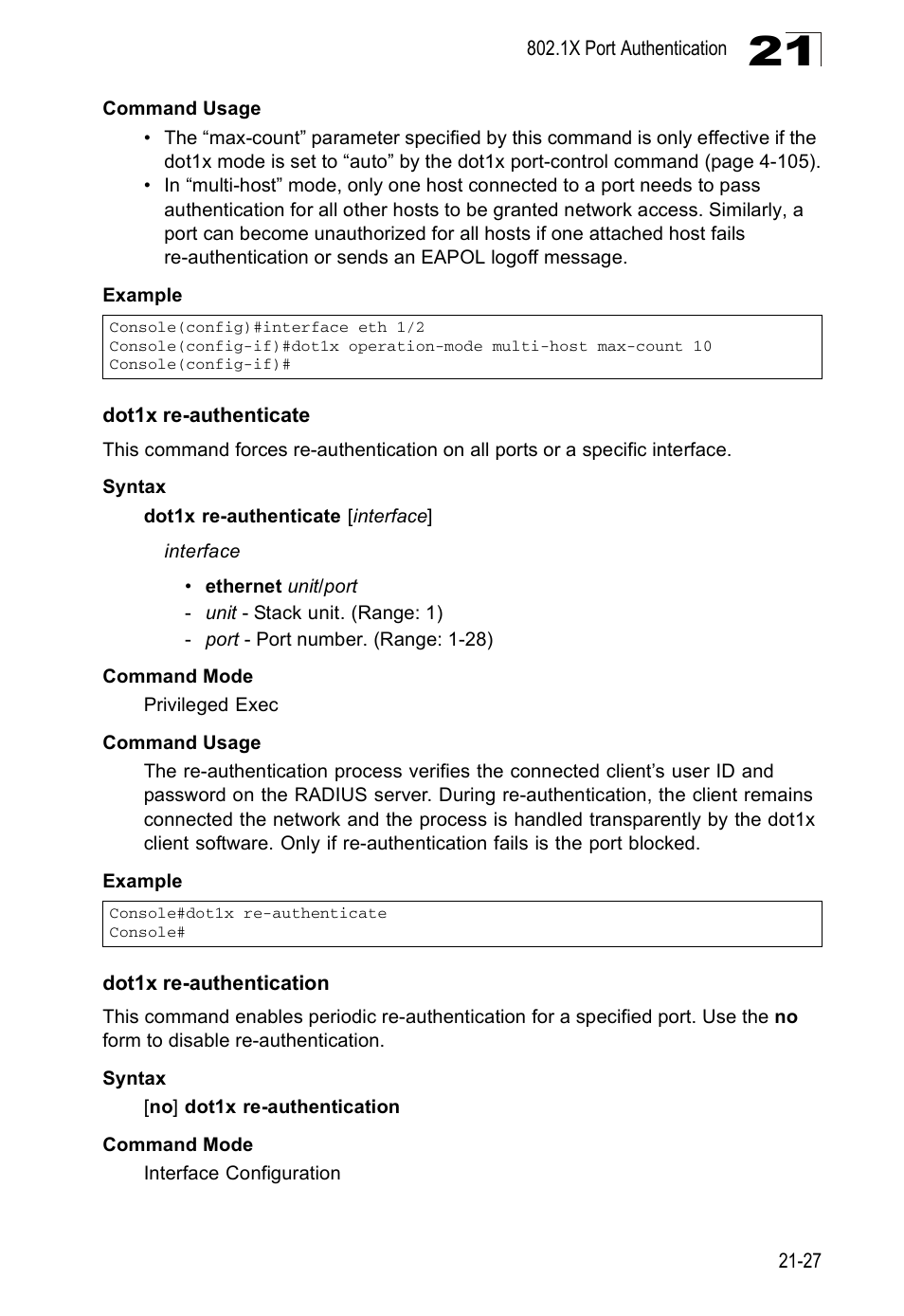 Dot1x re-authenticate, Dot1x re-authentication | Edge Products ES3528-WDM User Manual | Page 363 / 556