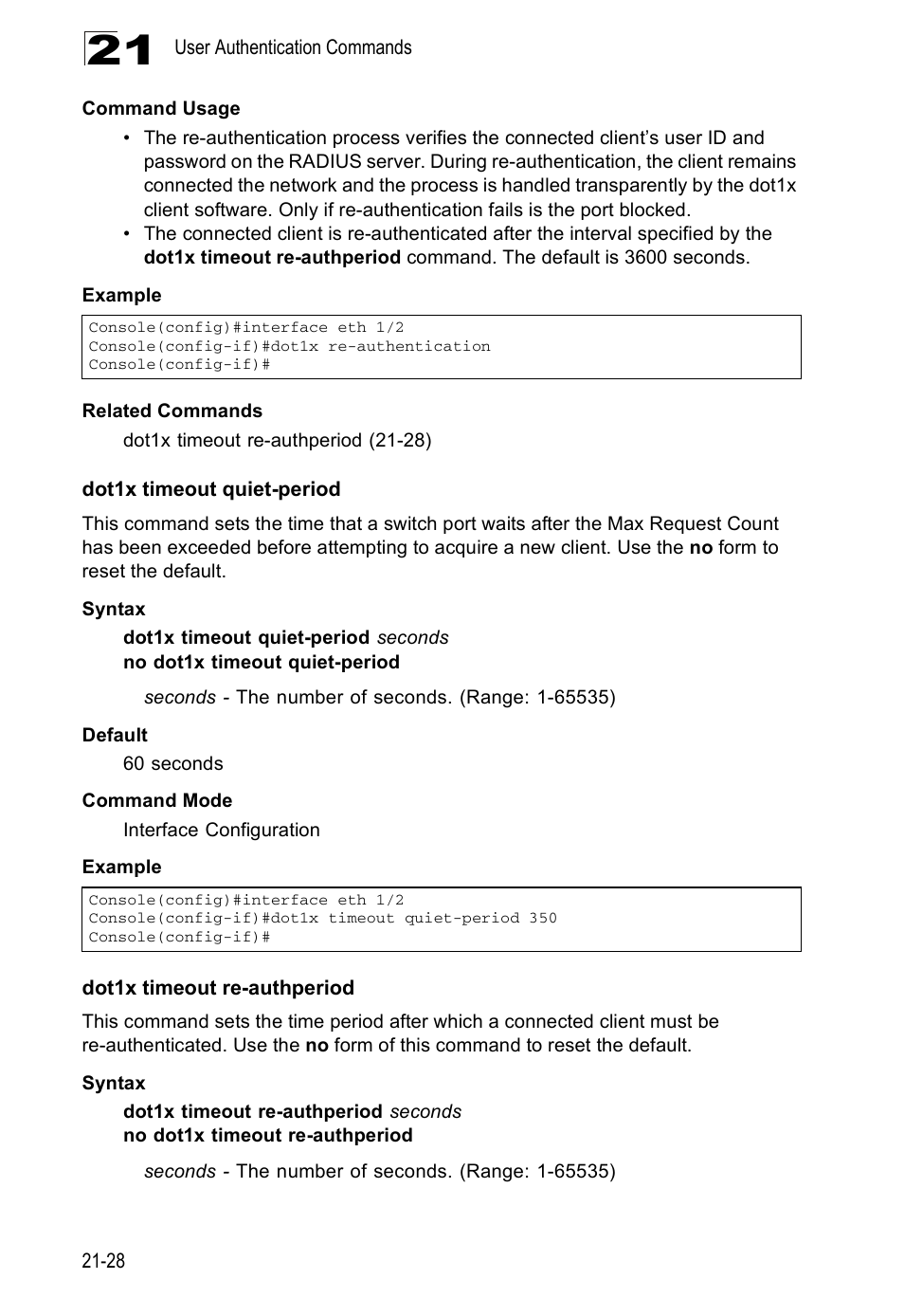 Dot1x timeout quiet-period, Dot1x timeout re-authperiod | Edge Products ES3528-WDM User Manual | Page 364 / 556