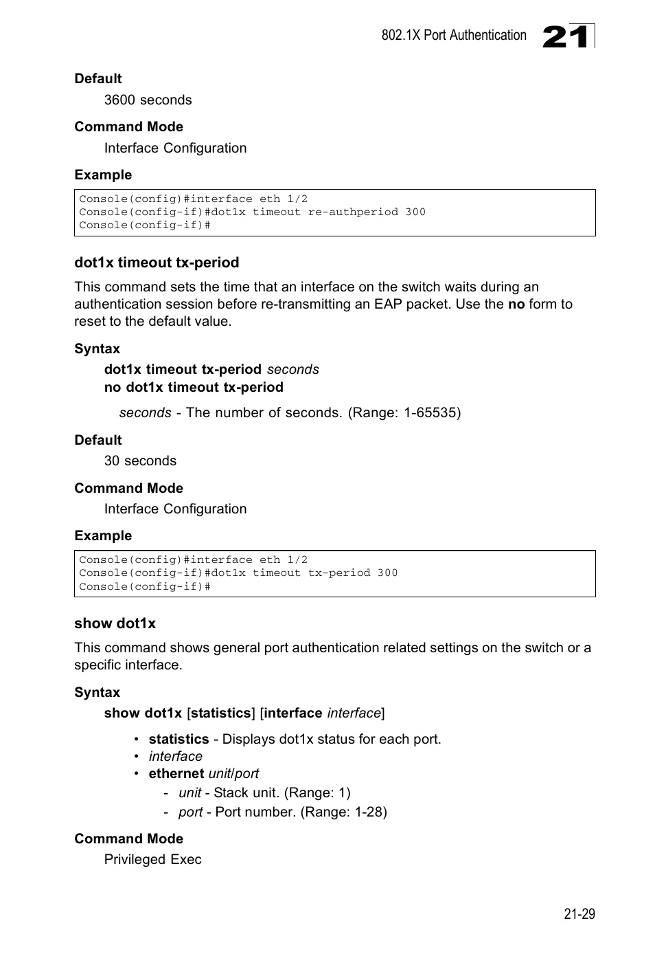 Dot1x timeout tx-period, Show dot1x | Edge Products ES3528-WDM User Manual | Page 365 / 556