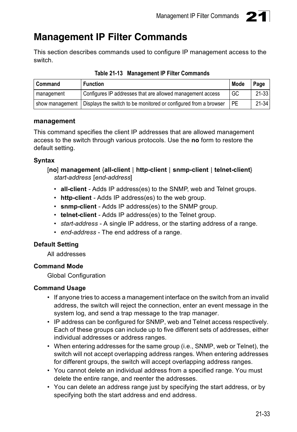 Management ip filter commands, Management, Management 21-33 | Table 21-13 | Edge Products ES3528-WDM User Manual | Page 369 / 556