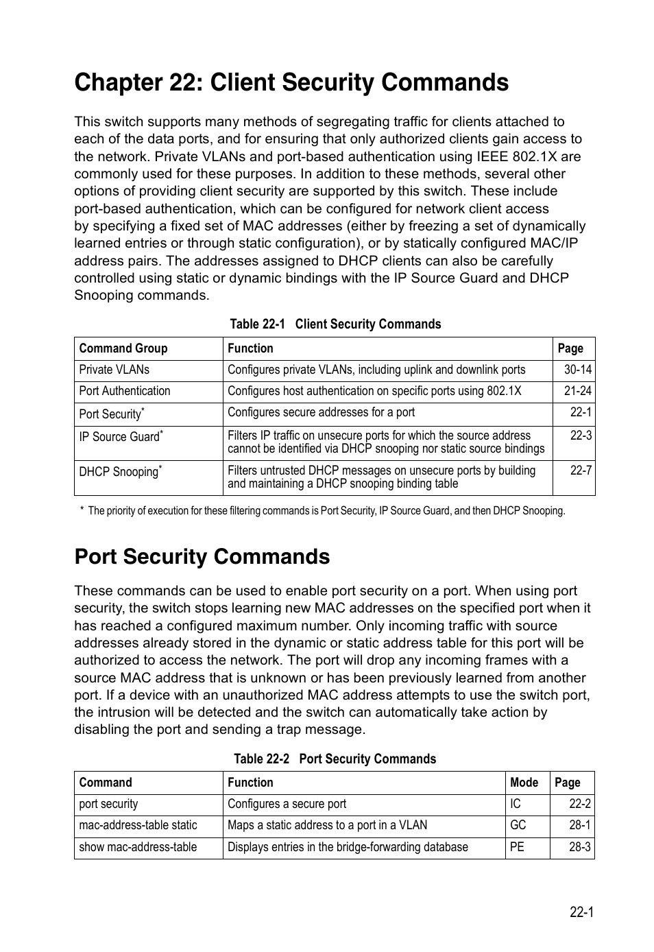 Chapter 22: client security commands, Port security commands, Table 22-1 | Client security commands, Table 22-2 | Edge Products ES3528-WDM User Manual | Page 371 / 556