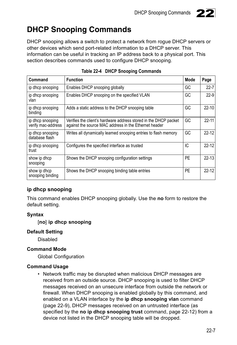Dhcp snooping commands, Ip dhcp snooping, Table 22-4 | Ip dhcp snooping (22-7) | Edge Products ES3528-WDM User Manual | Page 377 / 556