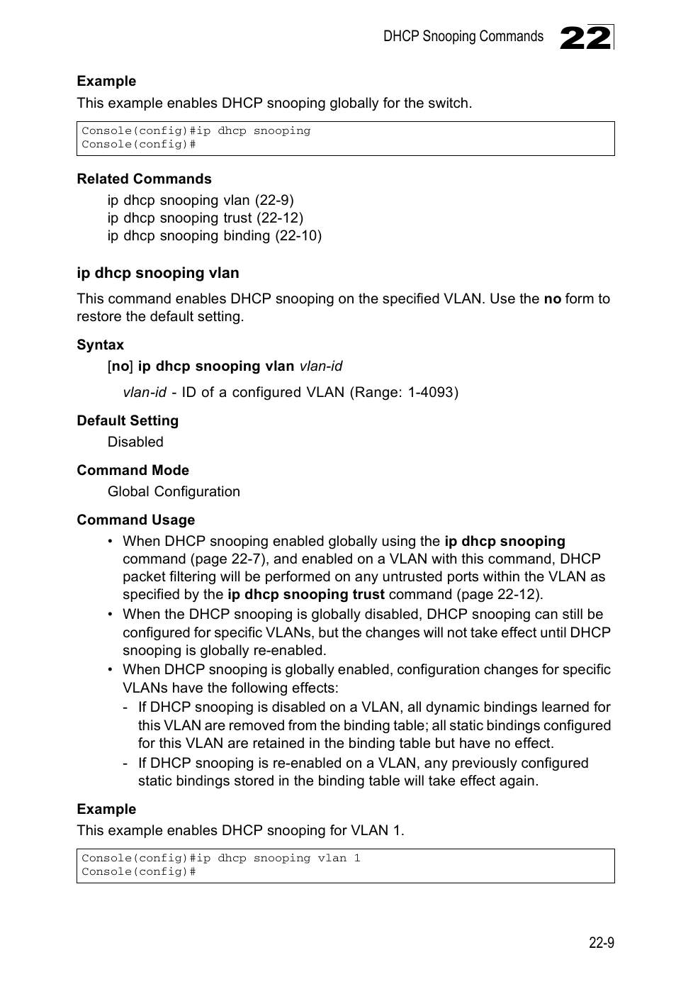 Ip dhcp snooping vlan, Ip dhcp snooping vlan (22-9), E ip dhcp snooping vlan co | Edge Products ES3528-WDM User Manual | Page 379 / 556