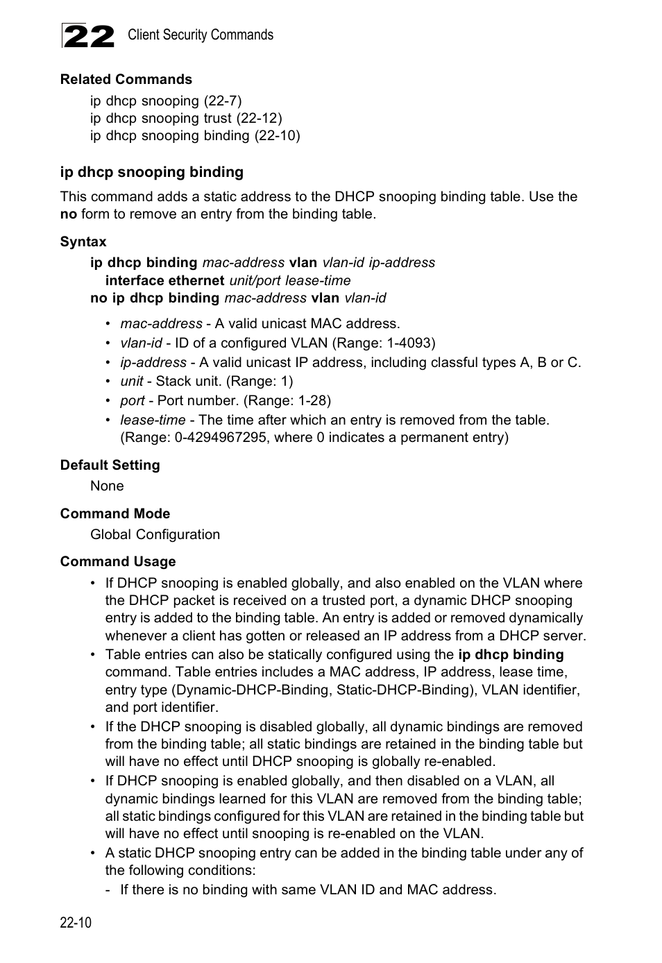 Ip dhcp snooping binding, Ip dhcp snooping binding (22-10) | Edge Products ES3528-WDM User Manual | Page 380 / 556