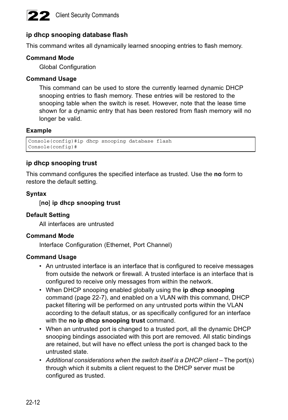 Ip dhcp snooping database flash, Ip dhcp snooping trust, Ip dhcp snooping trust co | Ip dhcp snooping trust (22-12), E ip dhcp snooping trust | Edge Products ES3528-WDM User Manual | Page 382 / 556