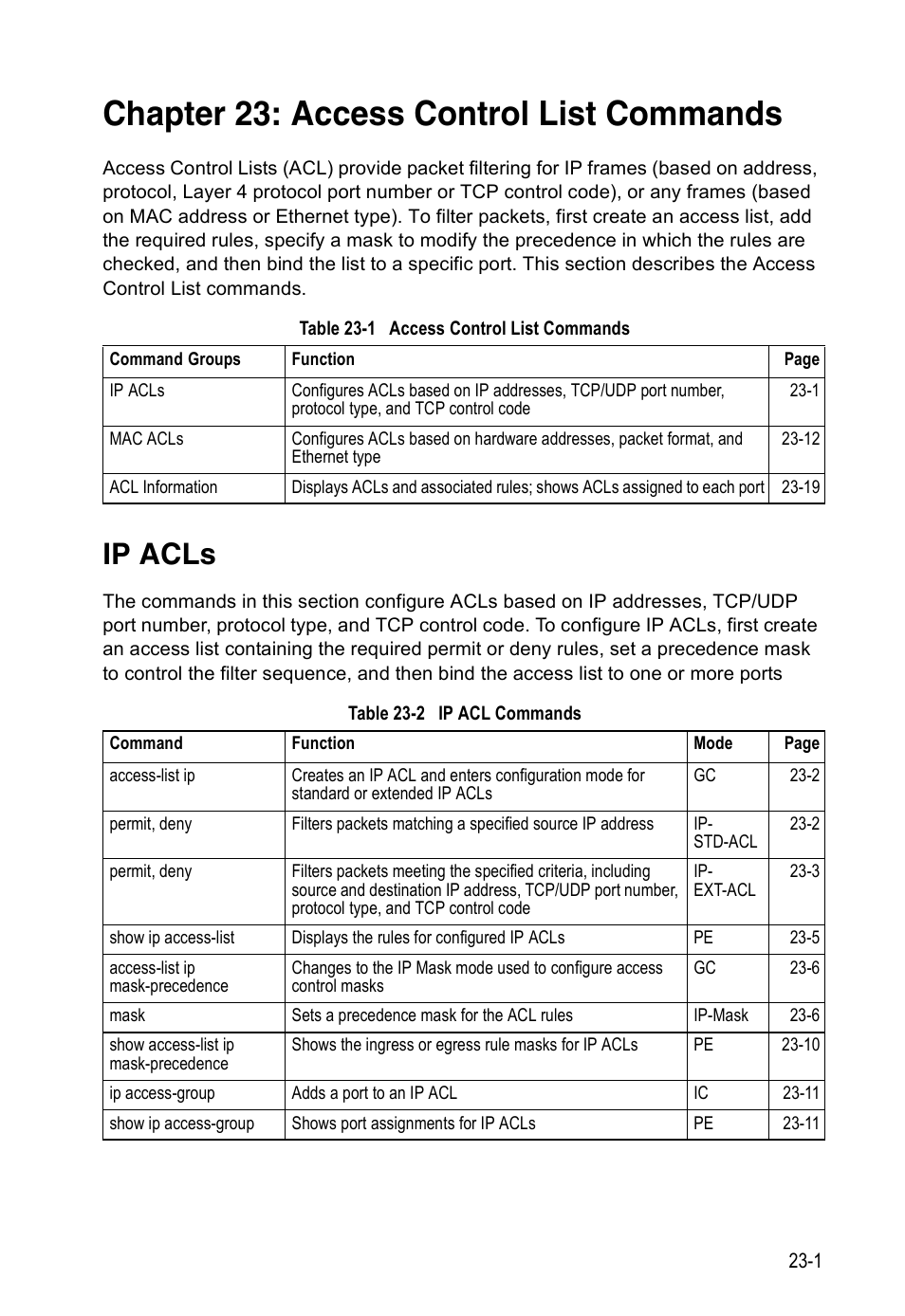 Chapter 23: access control list commands, Ip acls, Table 23-1 | Access control list commands, Table 23-2, Ip acl commands | Edge Products ES3528-WDM User Manual | Page 385 / 556