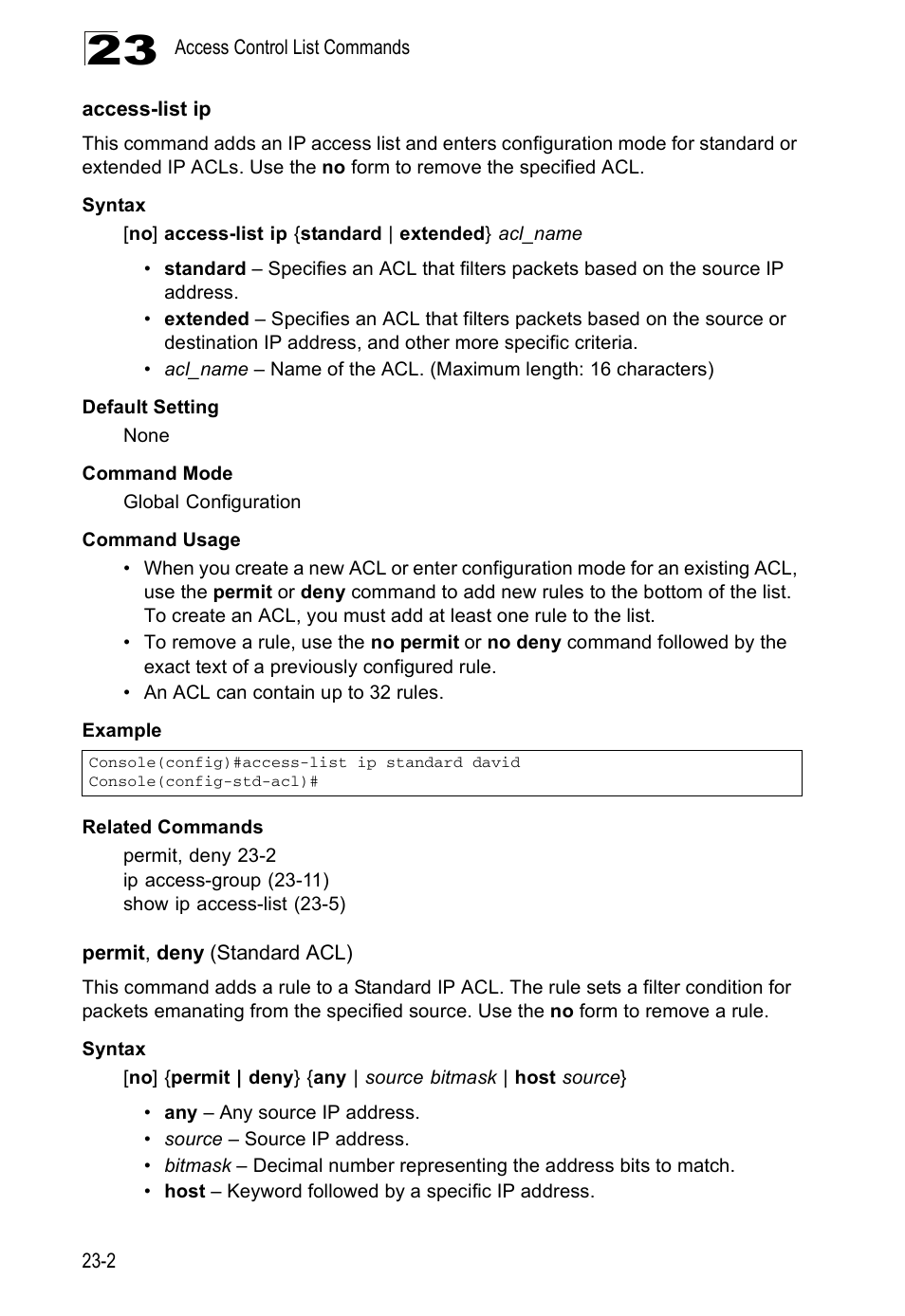 Access-list ip, Permit, deny (standard acl) | Edge Products ES3528-WDM User Manual | Page 386 / 556