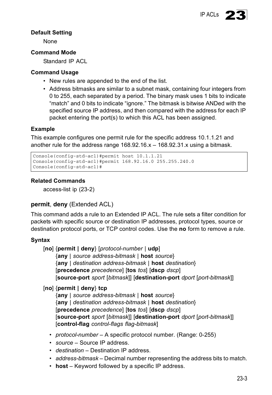 Permit, deny (extended acl) | Edge Products ES3528-WDM User Manual | Page 387 / 556