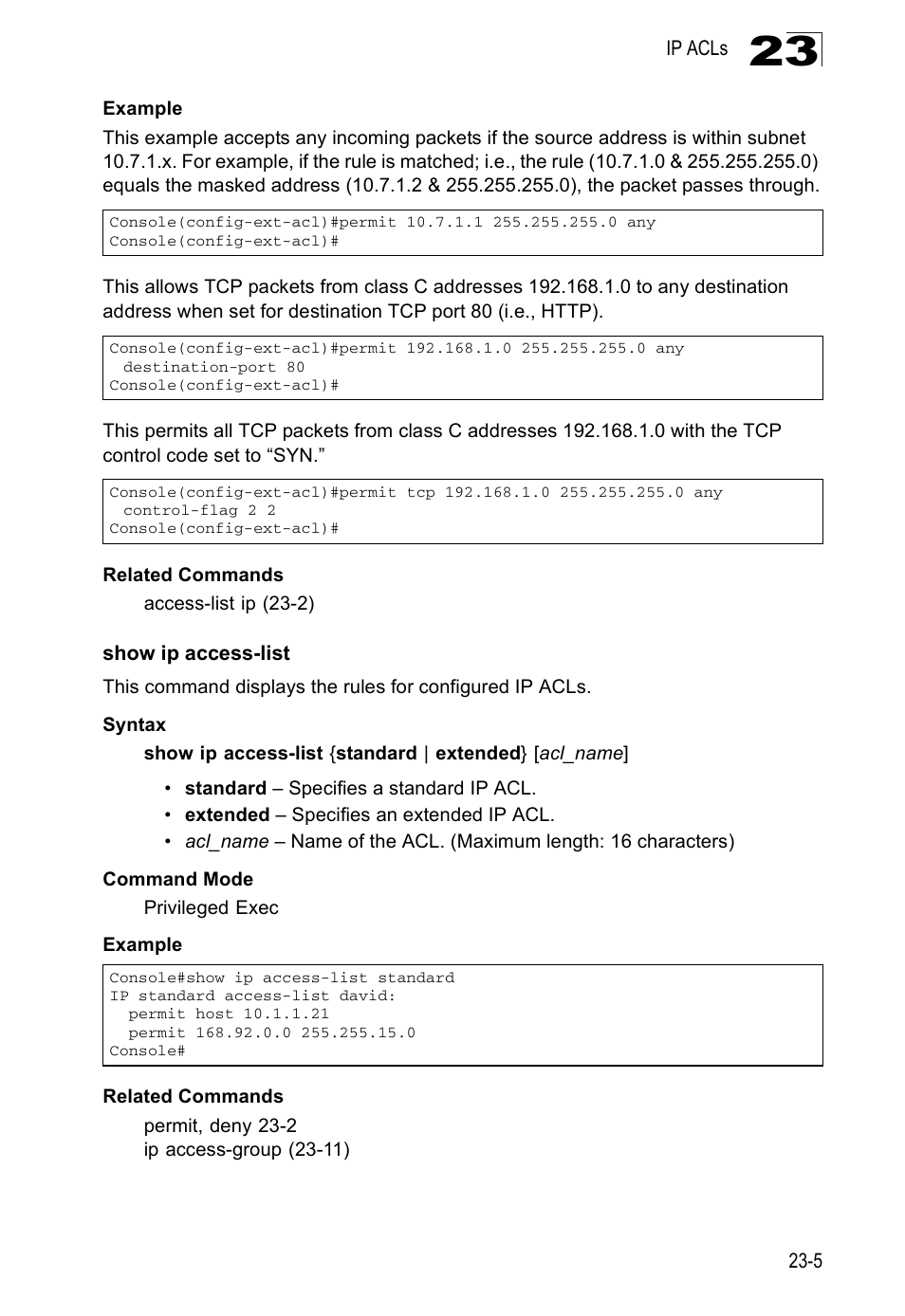 Show ip access-list | Edge Products ES3528-WDM User Manual | Page 389 / 556