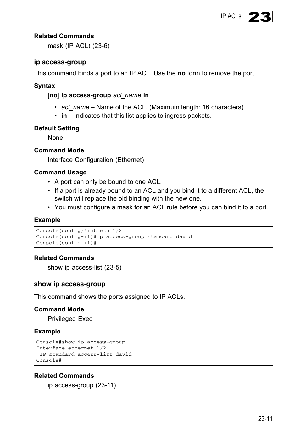 Ip access-group, Show ip access-group | Edge Products ES3528-WDM User Manual | Page 395 / 556