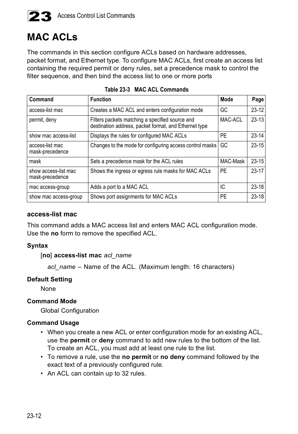 Mac acls, Access-list mac, Table 23-3 | Mac acl commands | Edge Products ES3528-WDM User Manual | Page 396 / 556