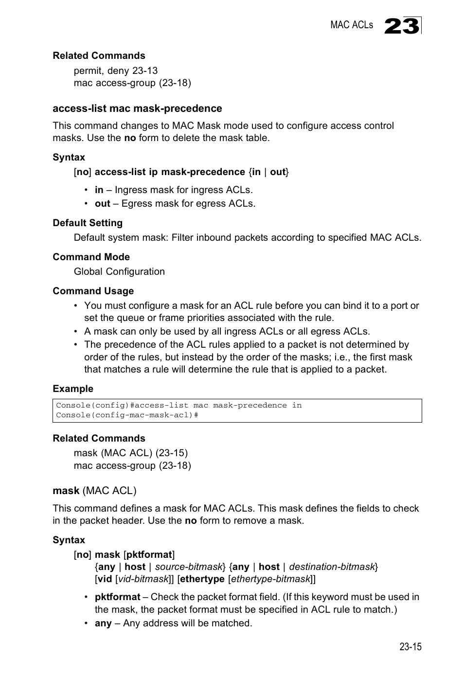 Access-list mac mask-precedence, Mask (mac acl) | Edge Products ES3528-WDM User Manual | Page 399 / 556