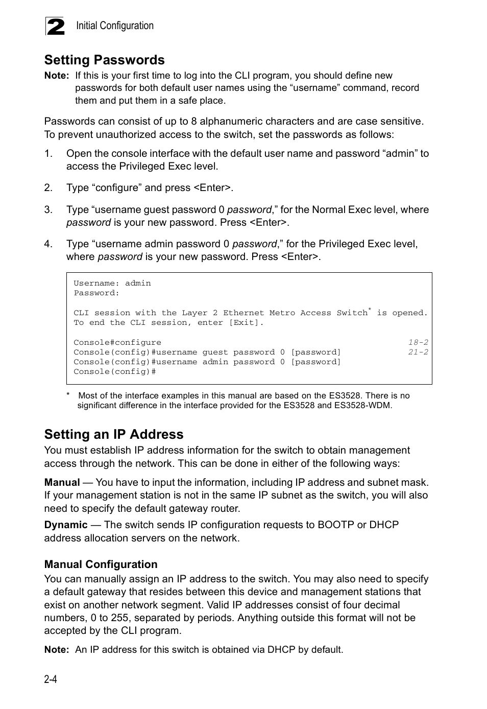 Setting passwords, Setting an ip address, Manual configuration | Edge Products ES3528-WDM User Manual | Page 40 / 556